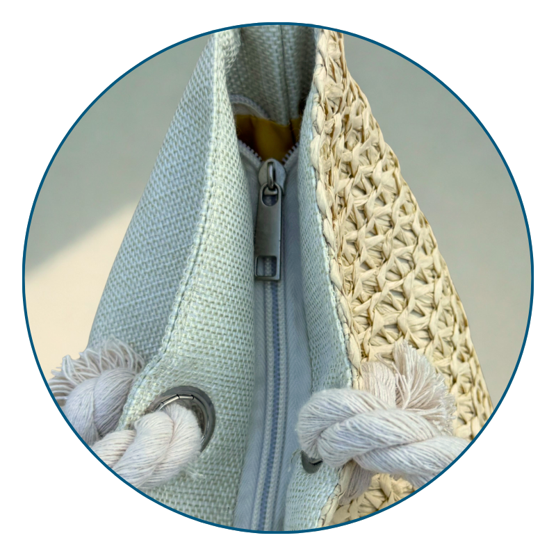 Close-up view of Straw beach bag with zipper on a neutral background