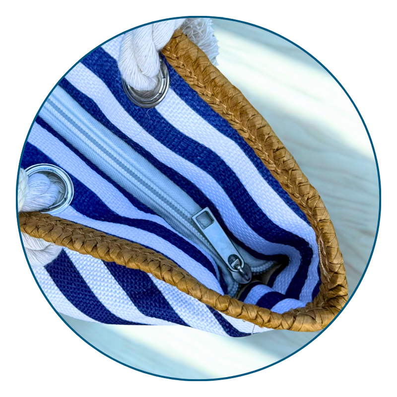 Navy and white striped beach bag with zippered top shown zipped from a top down view.