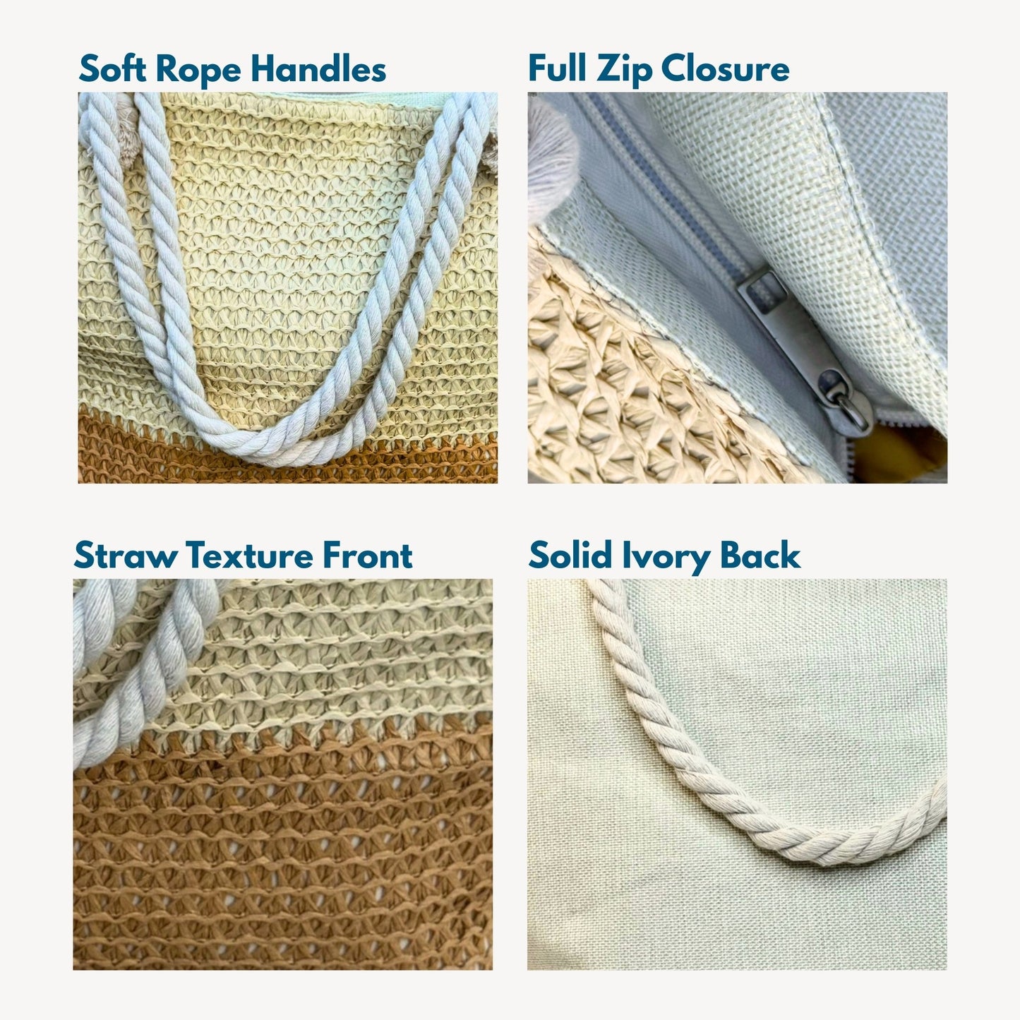 Collage of cute straw beach bags showing the front, rope handles, zip-top closure, and back for a full product view.