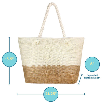Size guide showing large straw beach bags with dimensions, helping women choose beach bags large enough to hold towels, sunscreen, and other essentials.