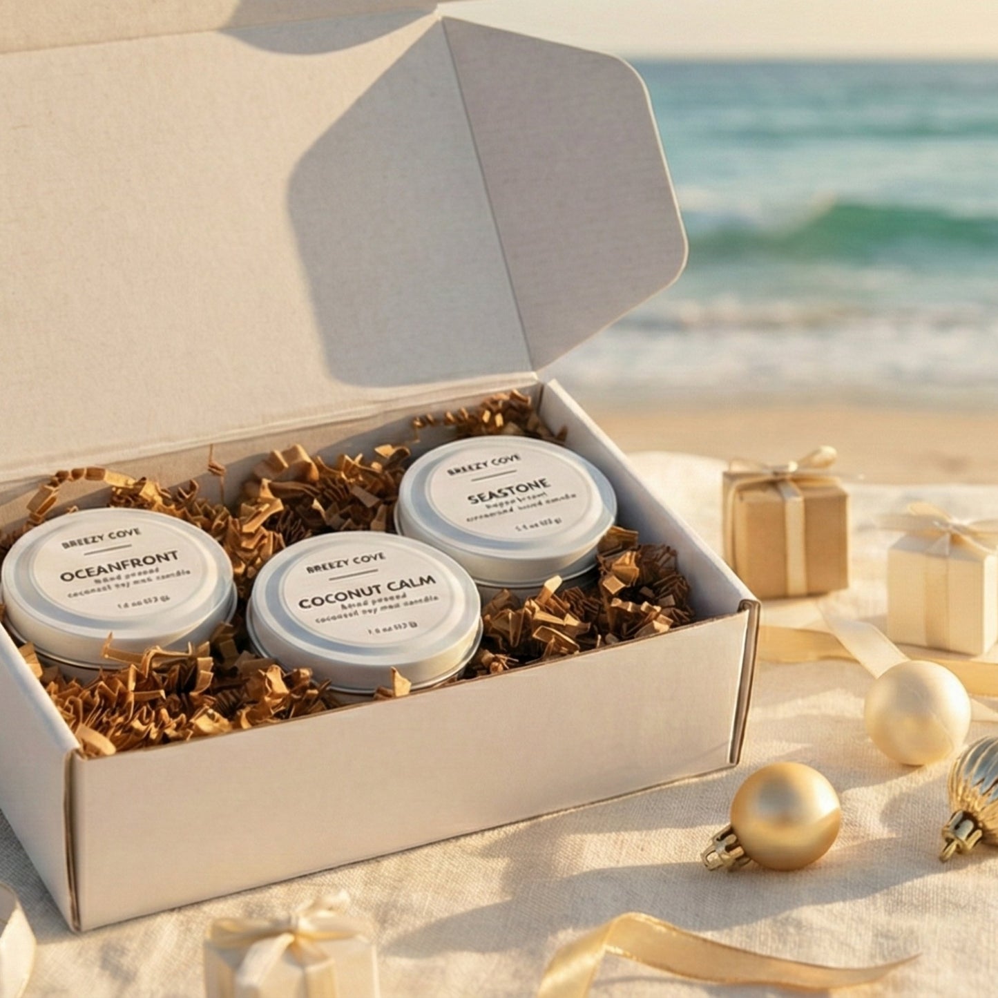 Holiday beach candle gift set with three nontoxic coconut–soy mini candles in a gift box by the ocean.