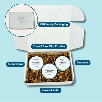 Gift-ready mini candle gift set with three nontoxic coconut–soy beach candles in a white box.