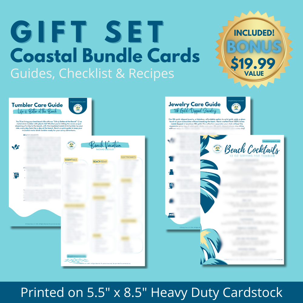 Printed bonus cards included with the beach gift set, including care guides, packing list and cocktail recipe cards.