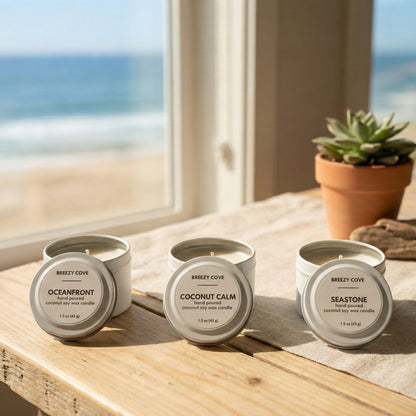 Beach house inspired trio of clean burning nontoxic coconut–soy candles with an ocean view.