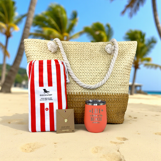 beach lover gift set in coral, in a resort setting on a sandy beach