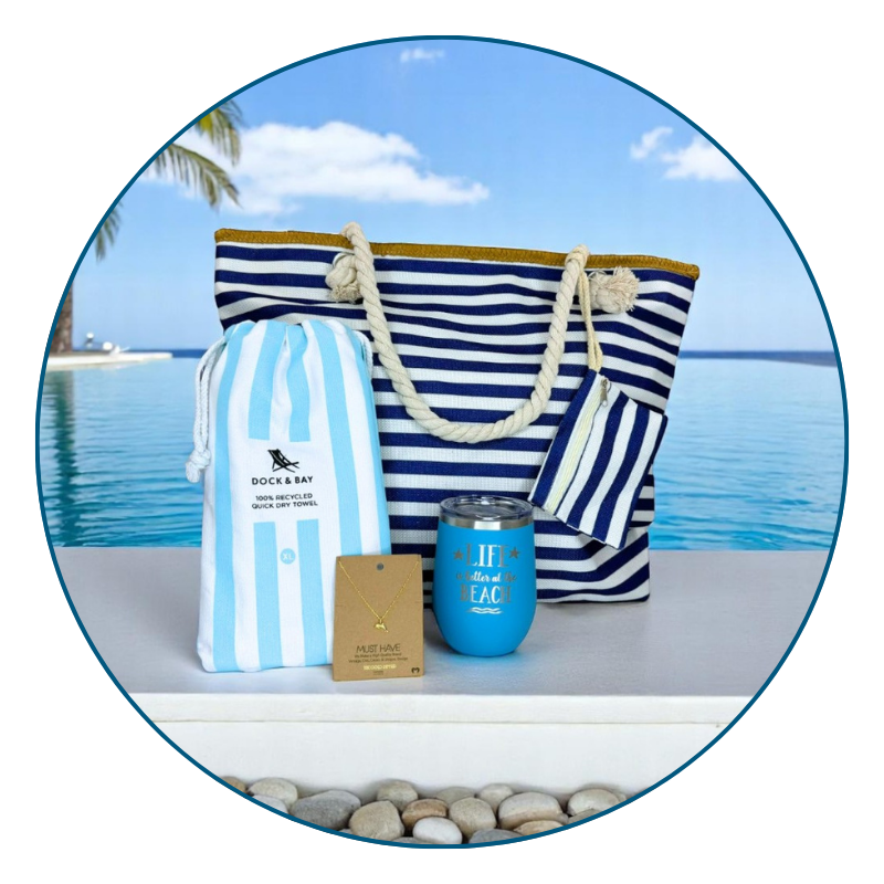 blue beach lover gift set with nautical-themed products including a striped bag, pouch, and tumbler with a beach background.