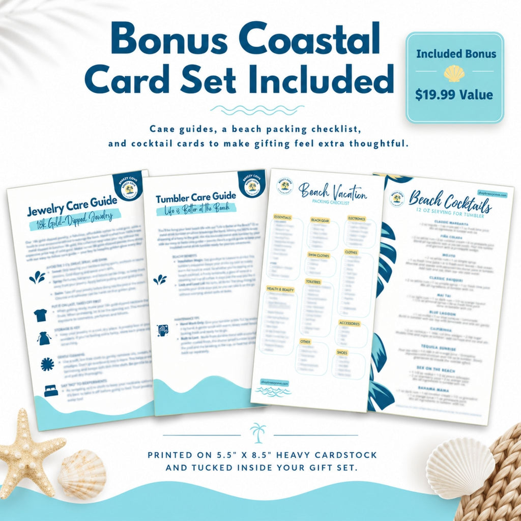 Printed bonus cards included with the beach lover gift set for women, including care guides, packing list and cocktail recipe cards.