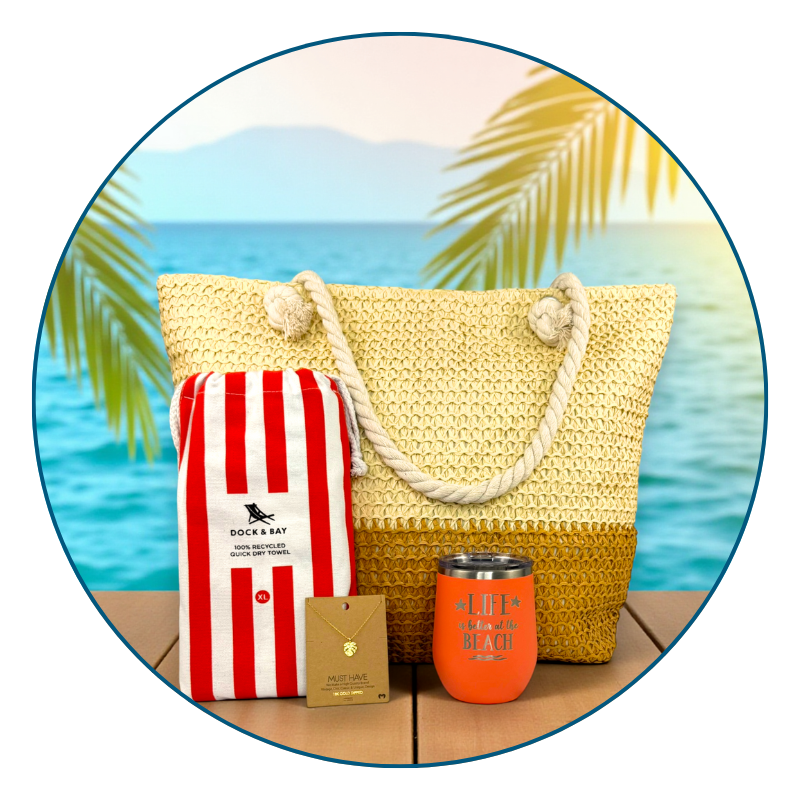Tropical ocean scene with coral-themed beach gift idea for her on a dock — bag, towel, tumbler, and monstera necklace.