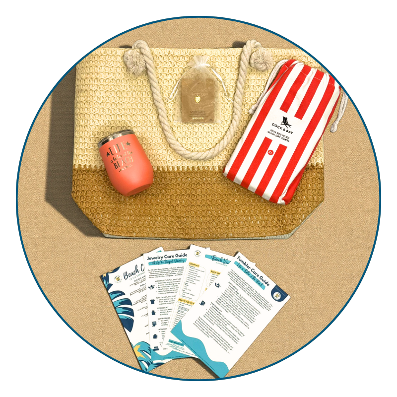 Flat lay of Coral Beach Lover Gift Set with straw beach bag, coral striped towel, peach tumbler, gold monstera necklace, and printed bonus cards.