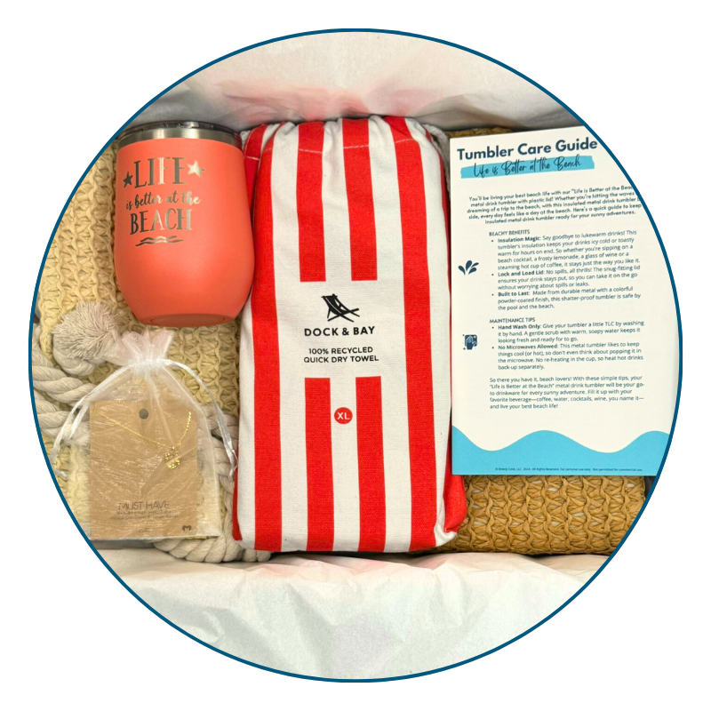 Coral Beach Lover Gift Set with coral striped towel, peach tumbler, gold monstera necklace, and printed bonus cards arranged in gift box.
