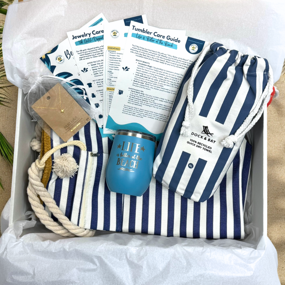Navy Nautical Beach Lover Gift Set with striped towel, ocean blue tumbler, gold sea turtle necklace, and printed bonus cards in gift box.