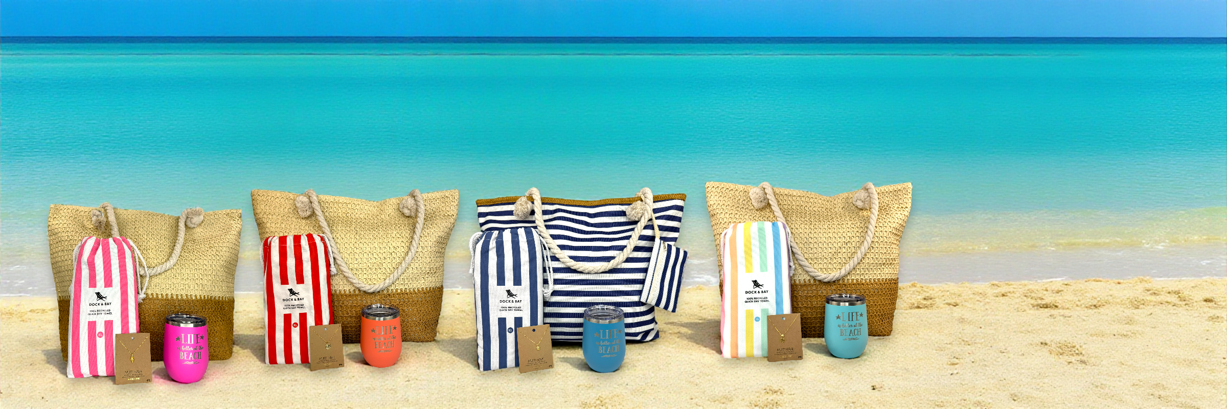 Breezy Cove Beach Lover Gift Sets for Her in four coastal color styles - pink, navy, pastel and coral including beach bag, beach towel, tumbler and beach necklace.