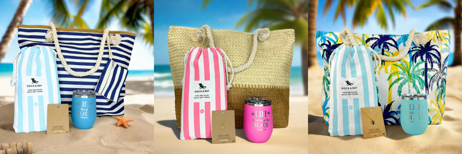 beach lover gift sets with beach bag, beach towel, 18k gold dipped beach necklace and metal beach drink tumbler