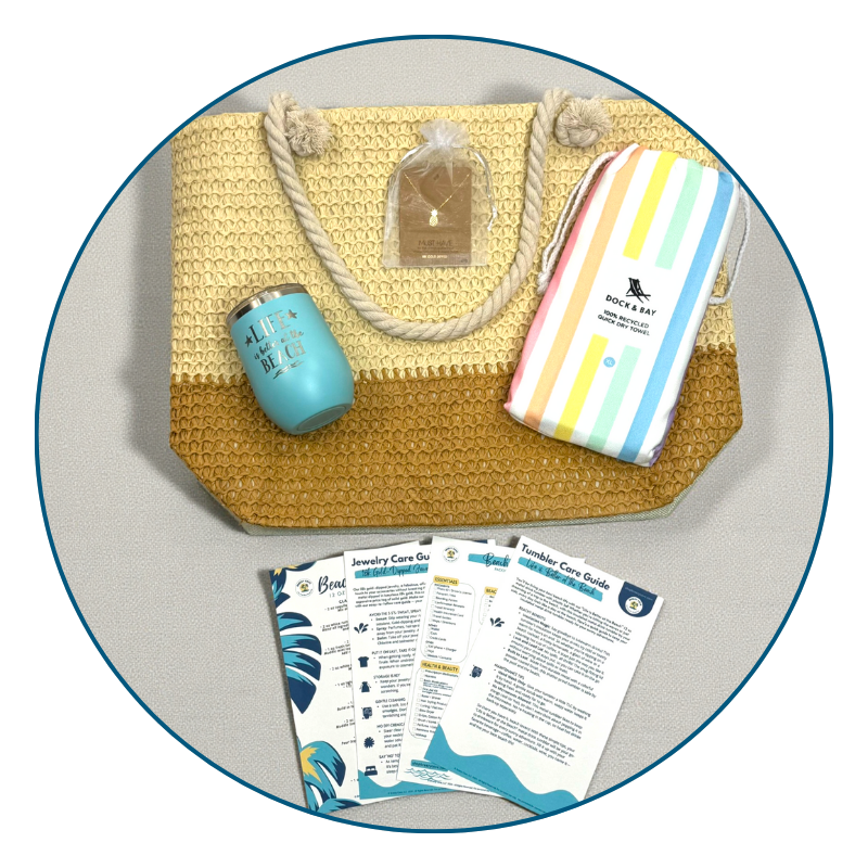 Flat lay of Pastel Beach Lover Gift Set with straw beach bag, pastel striped towel, teal tumbler, pineapple necklace, and printed bonuses.