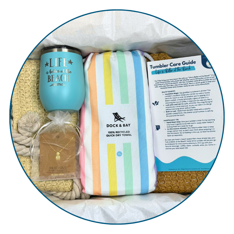 Pastel Beach Lover Gift Set with straw beach bag, pastel striped towel, teal tumbler, gold pineapple necklace, and bonuses in gift box.