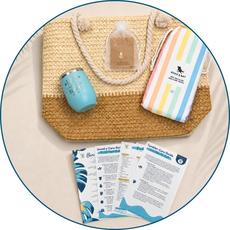 Flat lay of Pastel Beach Lover Gift Set with straw beach bag, pastel striped towel, teal tumbler, pineapple necklace, and printed bonuses.