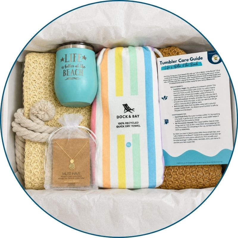 Pastel Beach Lover Gift Set with straw beach bag, pastel striped towel, teal tumbler, gold pineapple necklace, and bonuses in gift box.