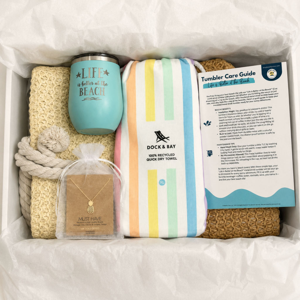 Pastel Beach Lover Gift Set with straw beach bag with zipper, pastel striped beach towel, teal tumbler, gold pineapple necklace, and bonuses in gift box, a unique gift for beach lovers.