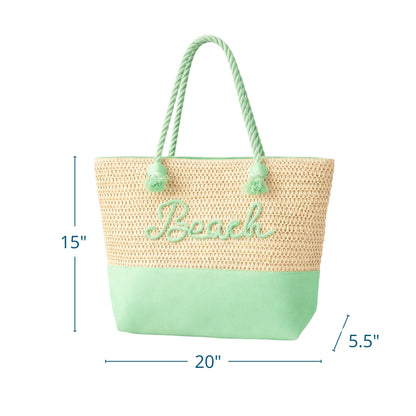 Mint Green Beach Message Straw Beach Tote Bag with Zipper
