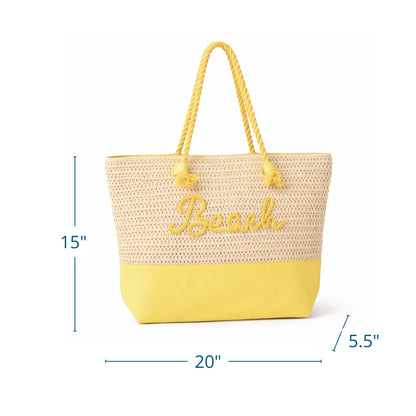 Yellow Beach Message Straw Beach Tote Bag with Zipper