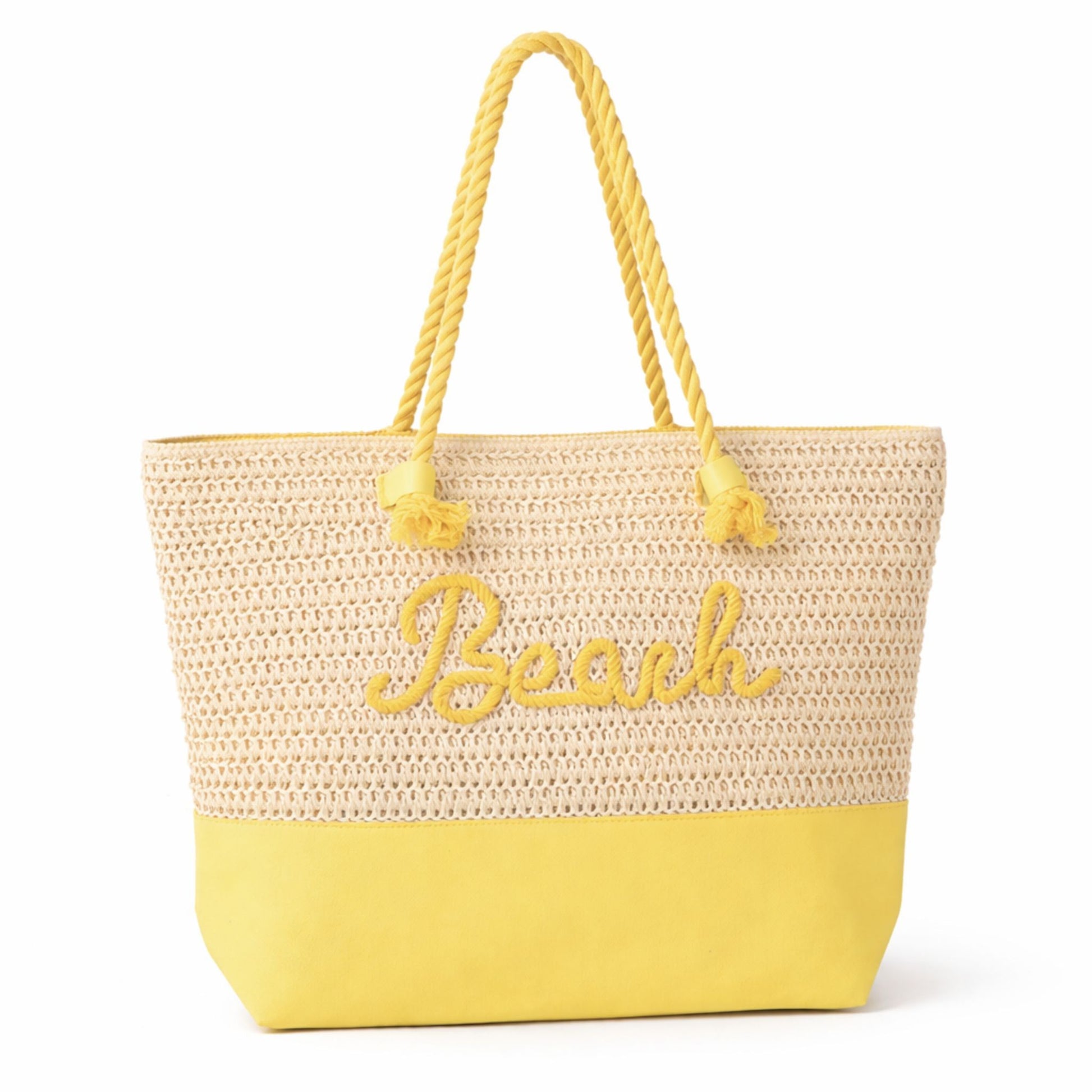 Yellow straw beach tote bag with rope handles and “Beach” message on white background