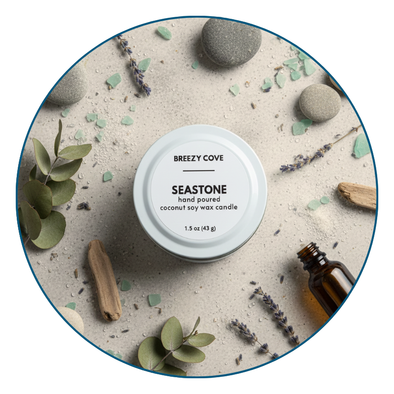 Top-down image of Seastone mini candle in white tin on coastal sand and stone spa background, a calming sea air and sandalwood candle.