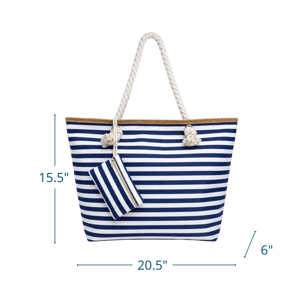 Large, oversized Navy and white striped beach tote bags with zipper and coin purse, measurements displayed.
