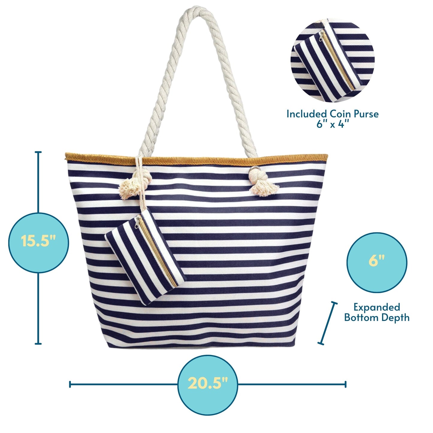 Large, oversized Navy and white striped beach tote bags with zipper and coin purse, measurements displayed.