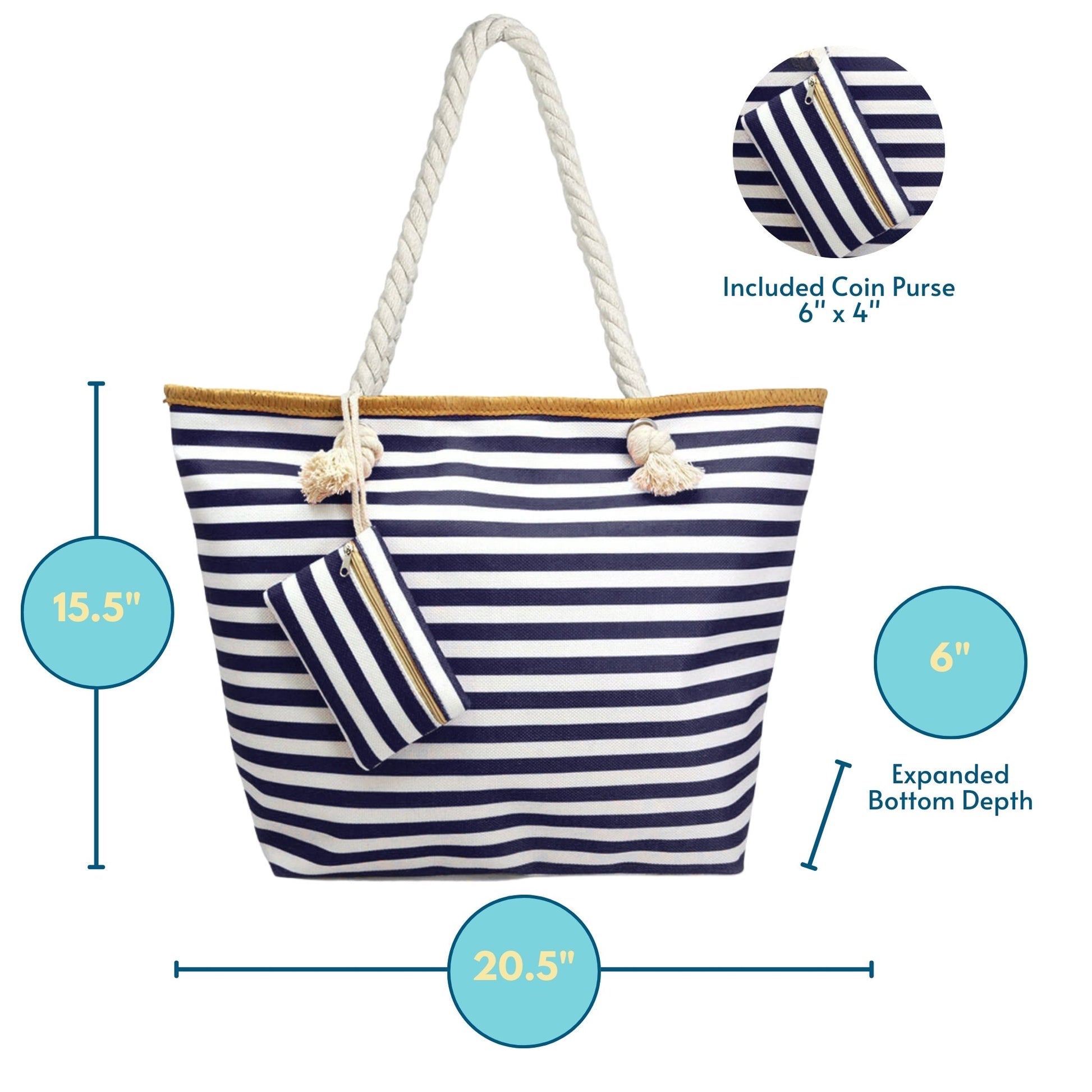 Large, oversized Navy and white striped beach tote bags with zipper and coin purse, measurements displayed.