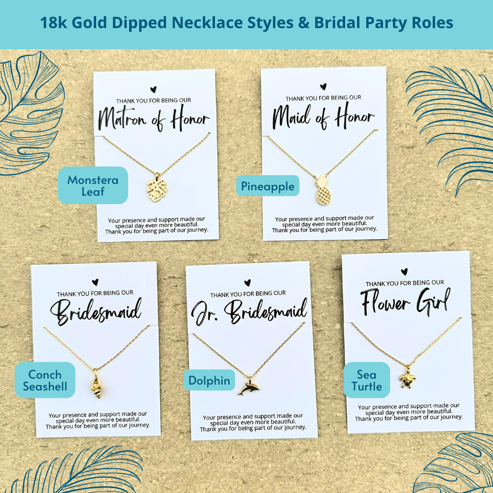 elegant, affordable 18k gold dipped beach themed necklaces with bridal party thank you cards in matron of honor, maid of honor, bridesmaid, jr. bridesmaid and flower girl