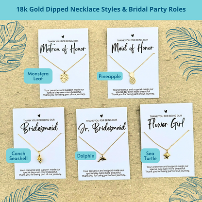 elegant, affordable 18k gold dipped beach themed necklaces with bridal party thank you cards in matron of honor, maid of honor, bridesmaid, jr. bridesmaid and flower girl