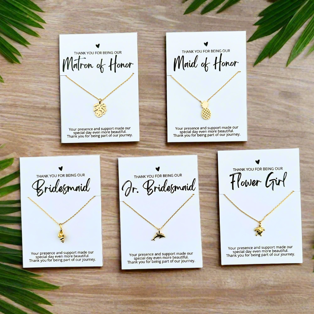 elegant, affordable 18k gold dipped beach themed necklaces with bridal party thank you cards in matron of honor, maid of honor, bridesmaid, jr. bridesmaid and flower girl