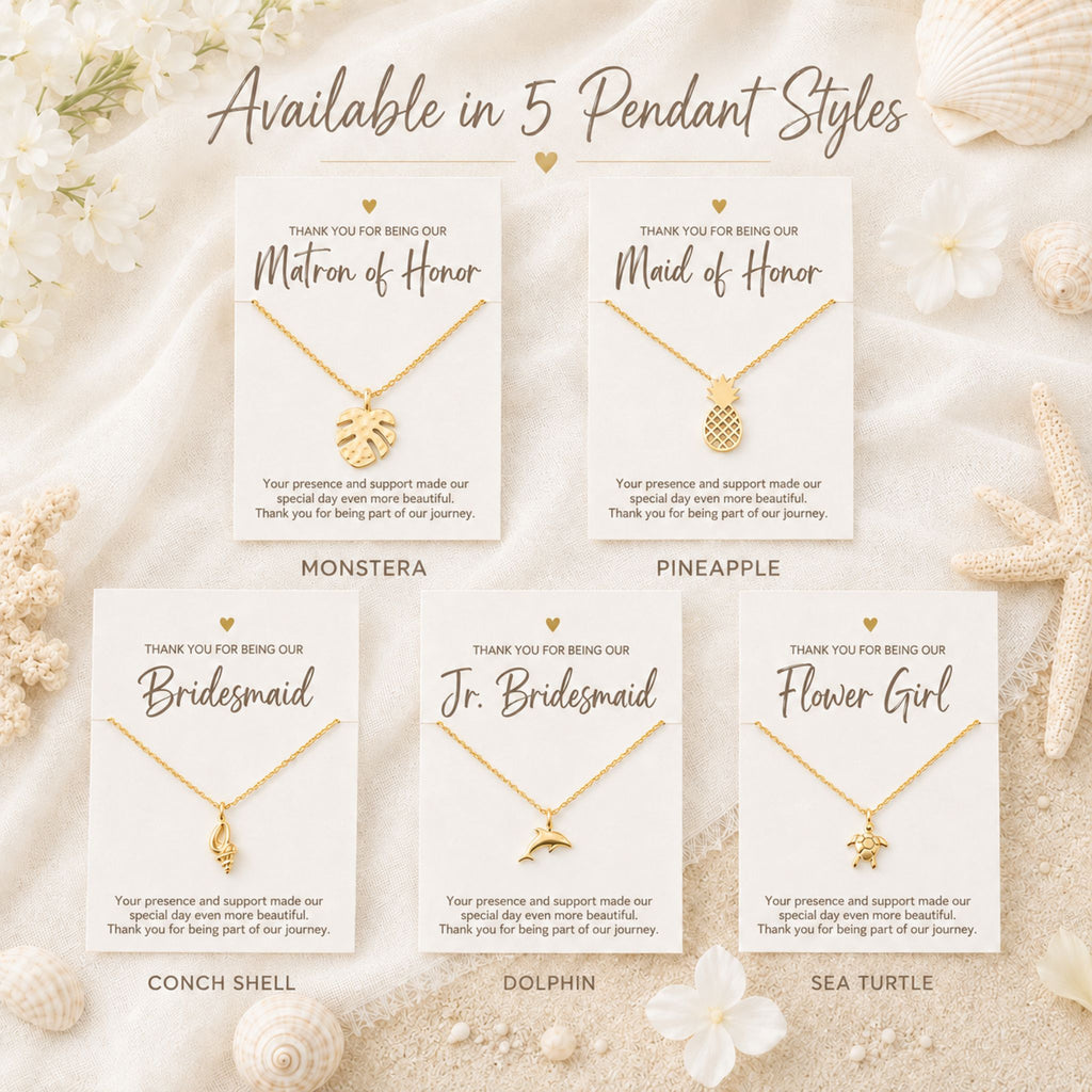 Beach wedding bridal party necklace styles with coastal pendants and thank you cards