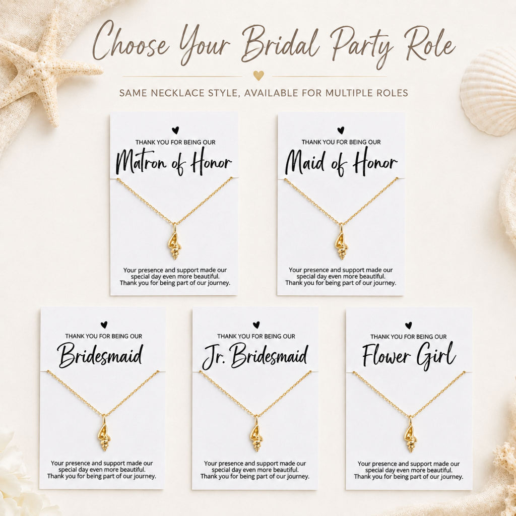 Beach wedding bridal party role cards for bridesmaid, maid of honor, matron of honor and flower girl with gold conch shell necklace
