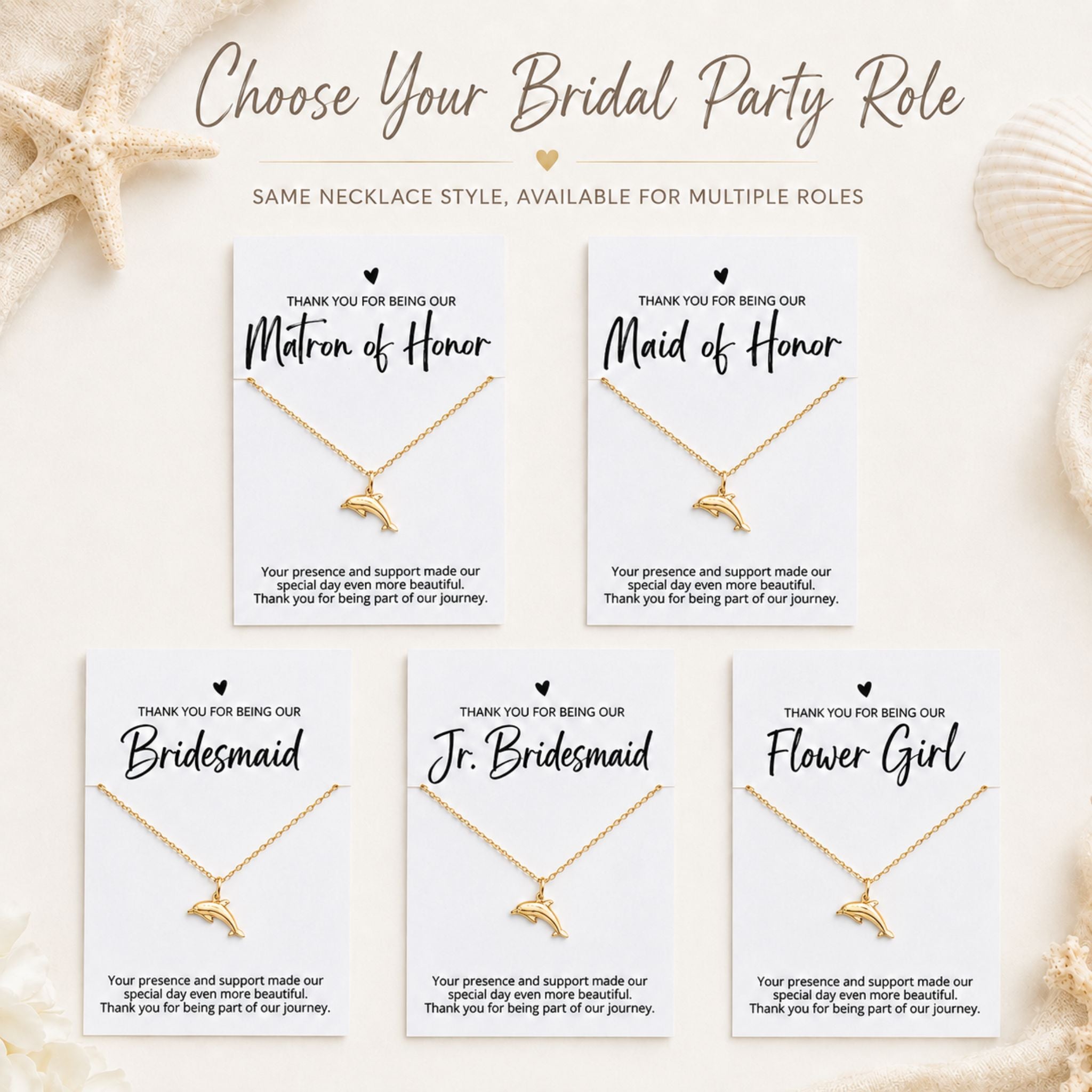 Beach wedding bridal party role cards for bridesmaid, maid of honor, matron of honor and flower girl