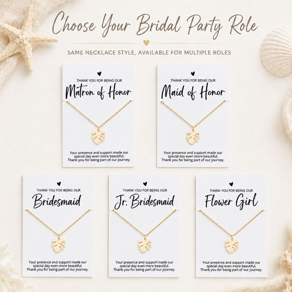Beach wedding bridal party role cards for gold monstera leaf necklace for bridesmaid, maid of honor, matron of honor, junior bridesmaid and flower girl