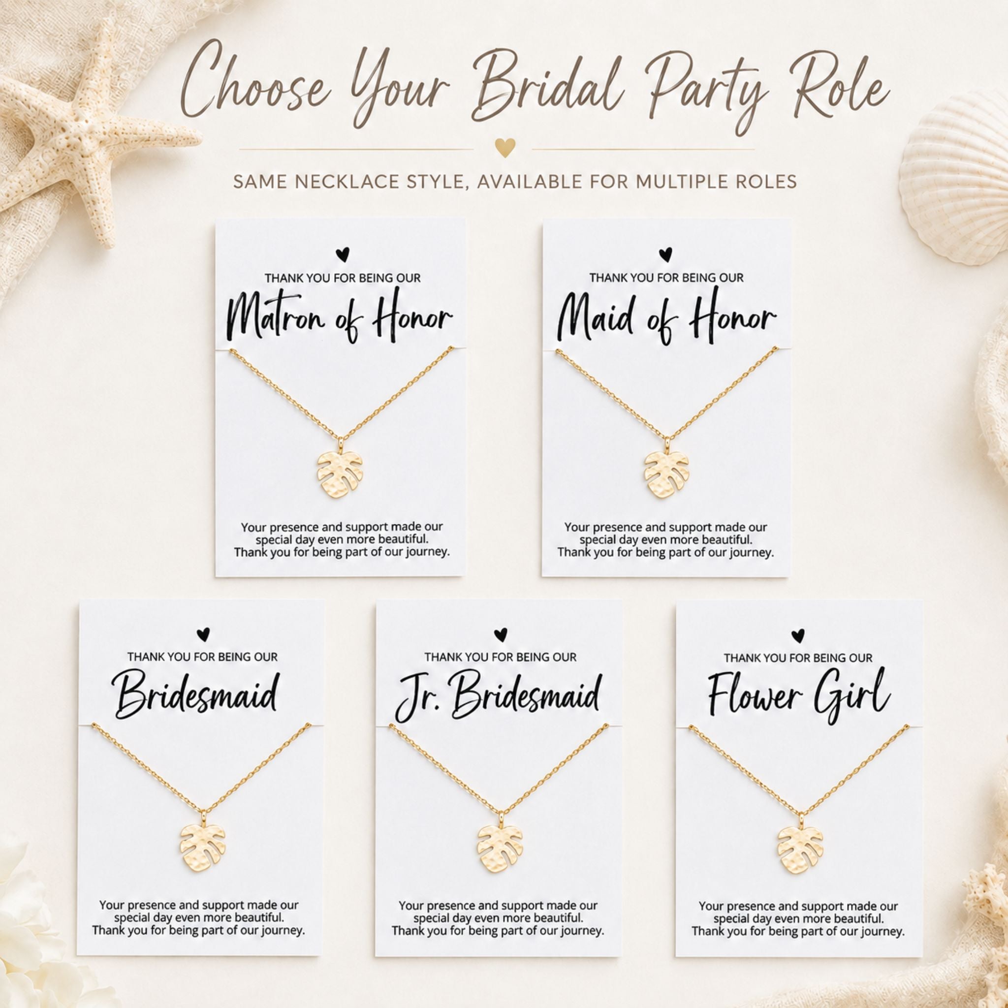 Beach wedding bridal party role cards for gold monstera leaf necklace for bridesmaid, maid of honor, matron of honor, junior bridesmaid and flower girl