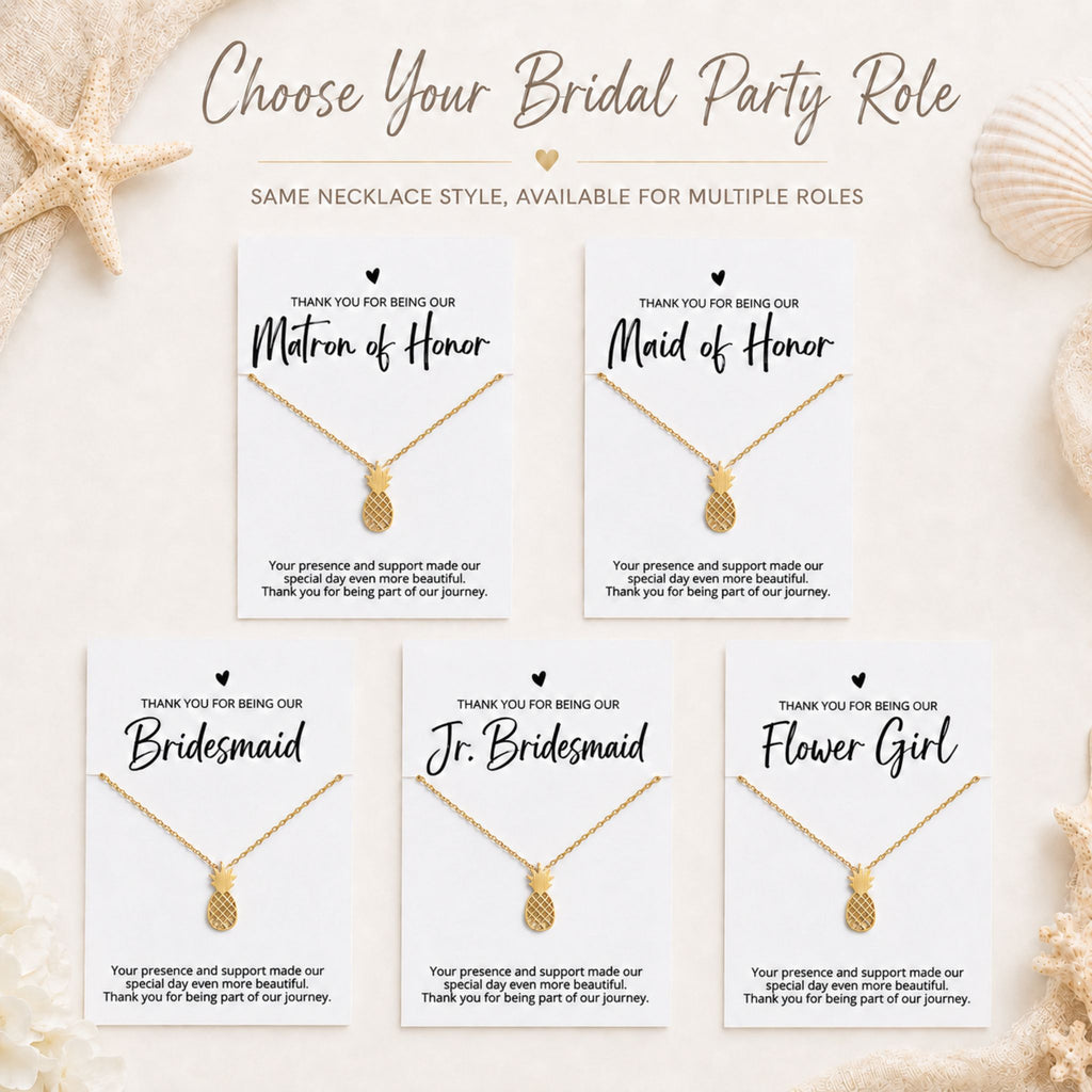 Beach wedding bridal party role cards for bridesmaid, maid of honor, matron of honor and flower girl for gold pineapple necklace