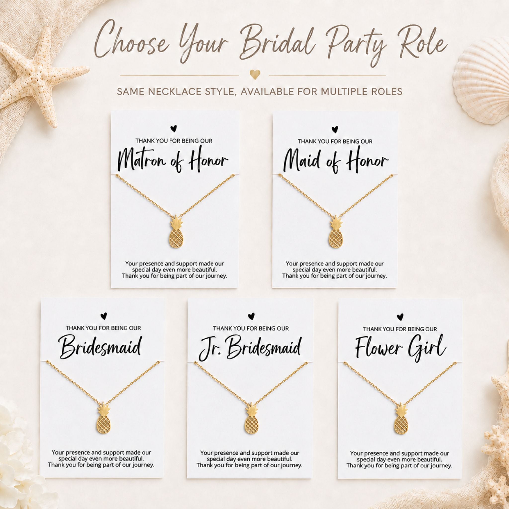 Beach wedding bridal party role cards for bridesmaid, maid of honor, matron of honor and flower girl for gold pineapple necklace