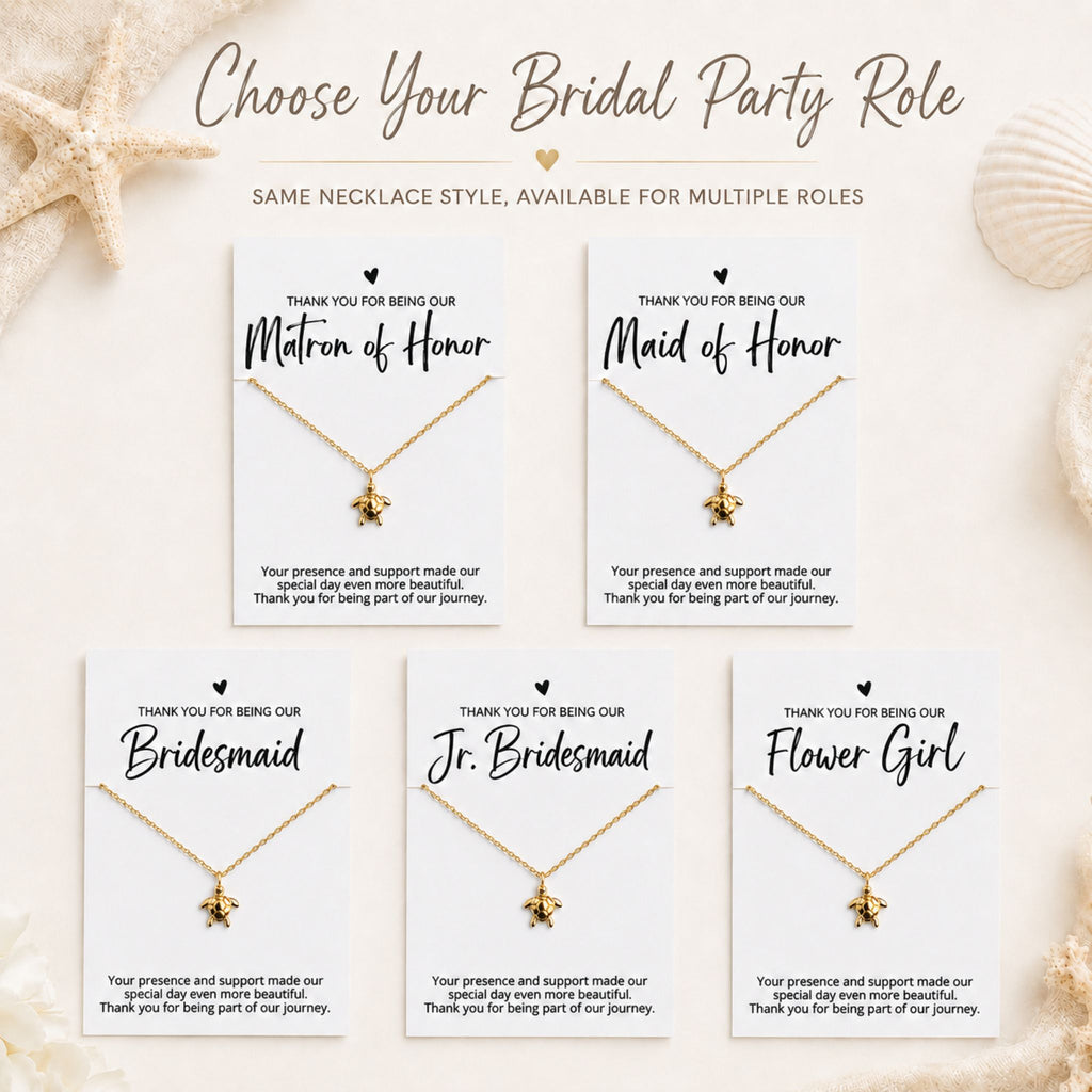 Beach wedding bridal party role cards for bridesmaid, maid of honor, matron of honor and flower girl for sea turtle necklace