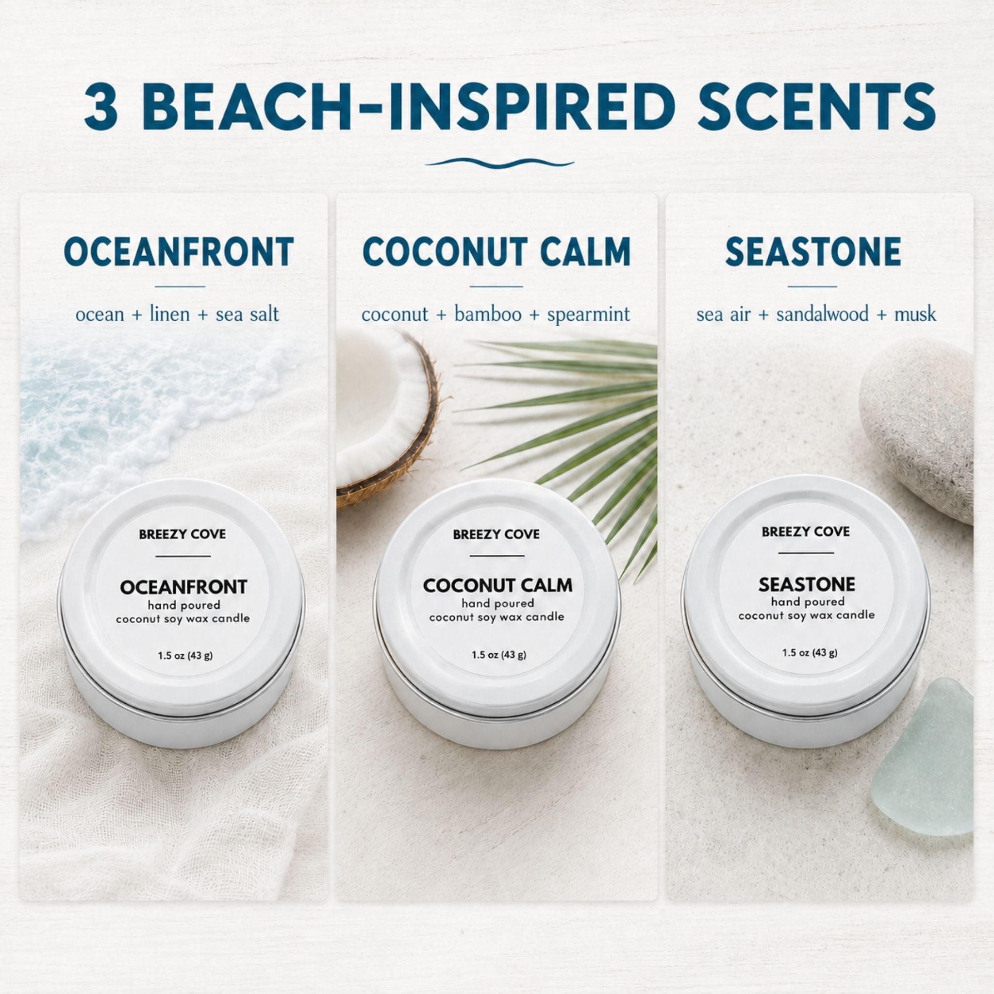 Scent comparison graphic for the coconut soy wax Beachside Mini Candle Trio showing three beach candle scents: Oceanfront, Coconut Calm, and Seastone.