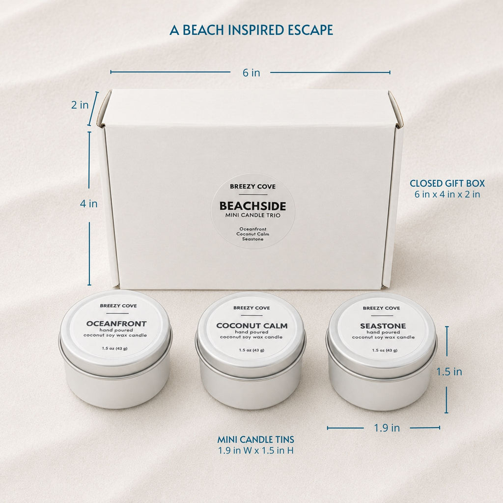 Beachside Mini Candle Trio size guide showing three mini coconut soy candles with the gift box for scale.