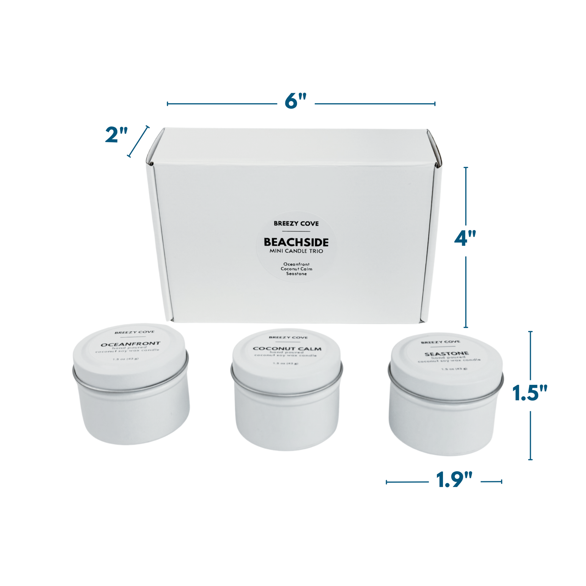 Size guide for the Beachside Mini Candle Trio showing tin dimensions and box measurements.