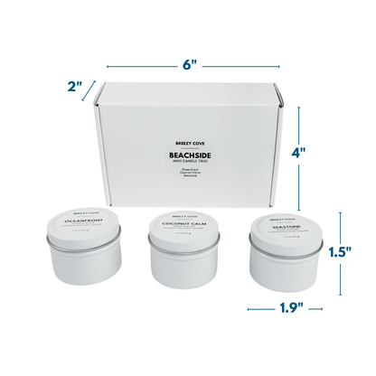 Size guide for the Beachside Mini Candle Trio showing tin dimensions and box measurements.