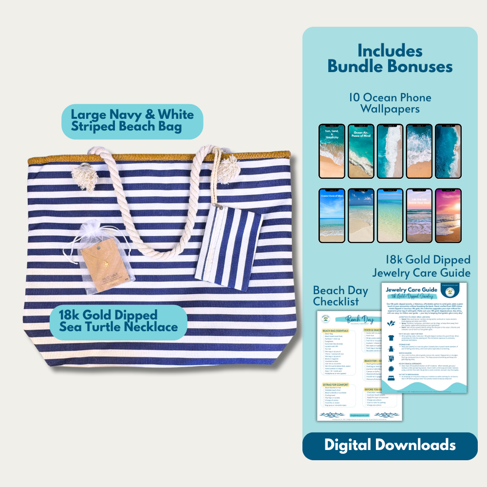 Navy striped beach bag and gold sea turtle necklace displayed together — Breezy Cove Best Seller Bundle showing what’s included in this coastal-inspired set for women.
