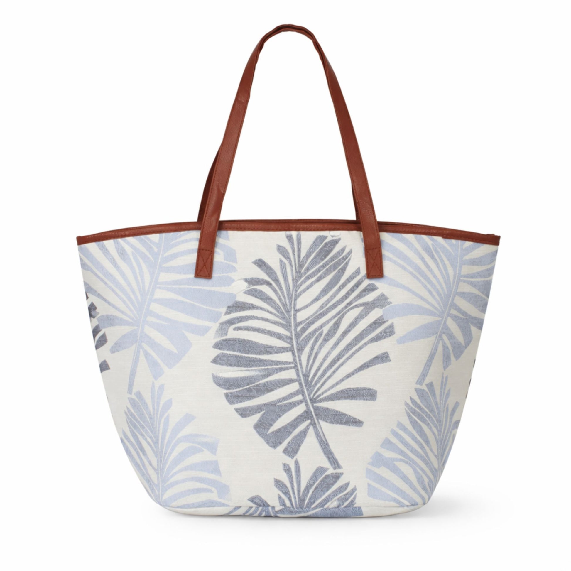 Blue palm leaves canvas beach tote with zipper on a white background.