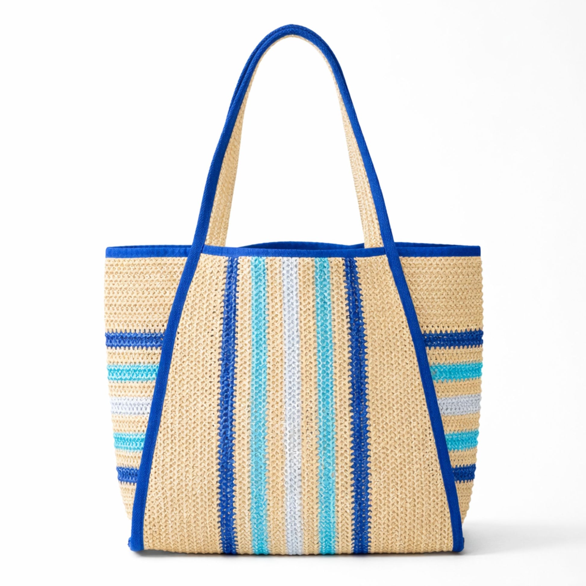 Blue striped straw beach tote bag with blue trim and shoulder straps, woven straw with aqua and white stripes