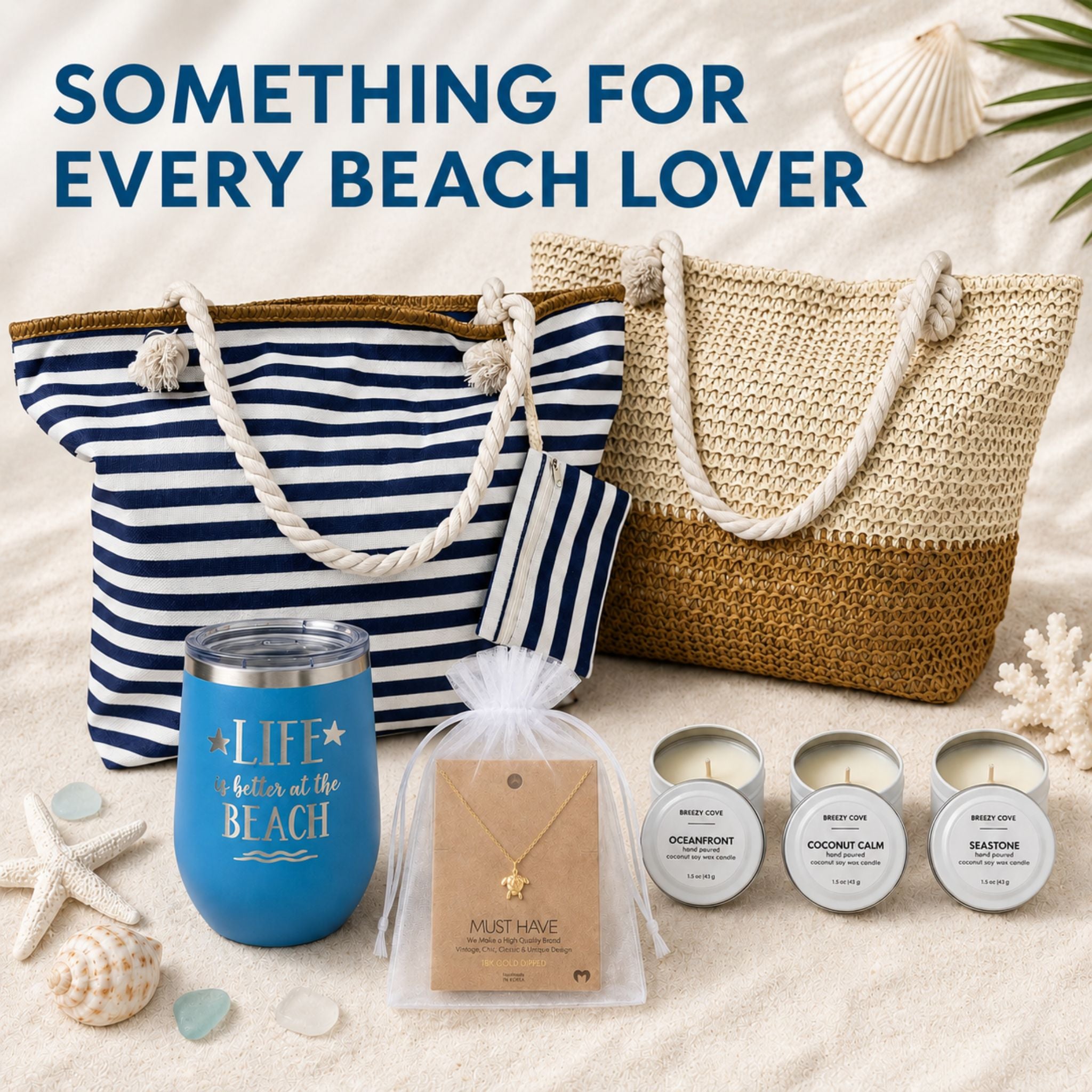 Beach gifts for women with striped tote, straw beach bag, blue tumbler, turtle necklace and beach candles