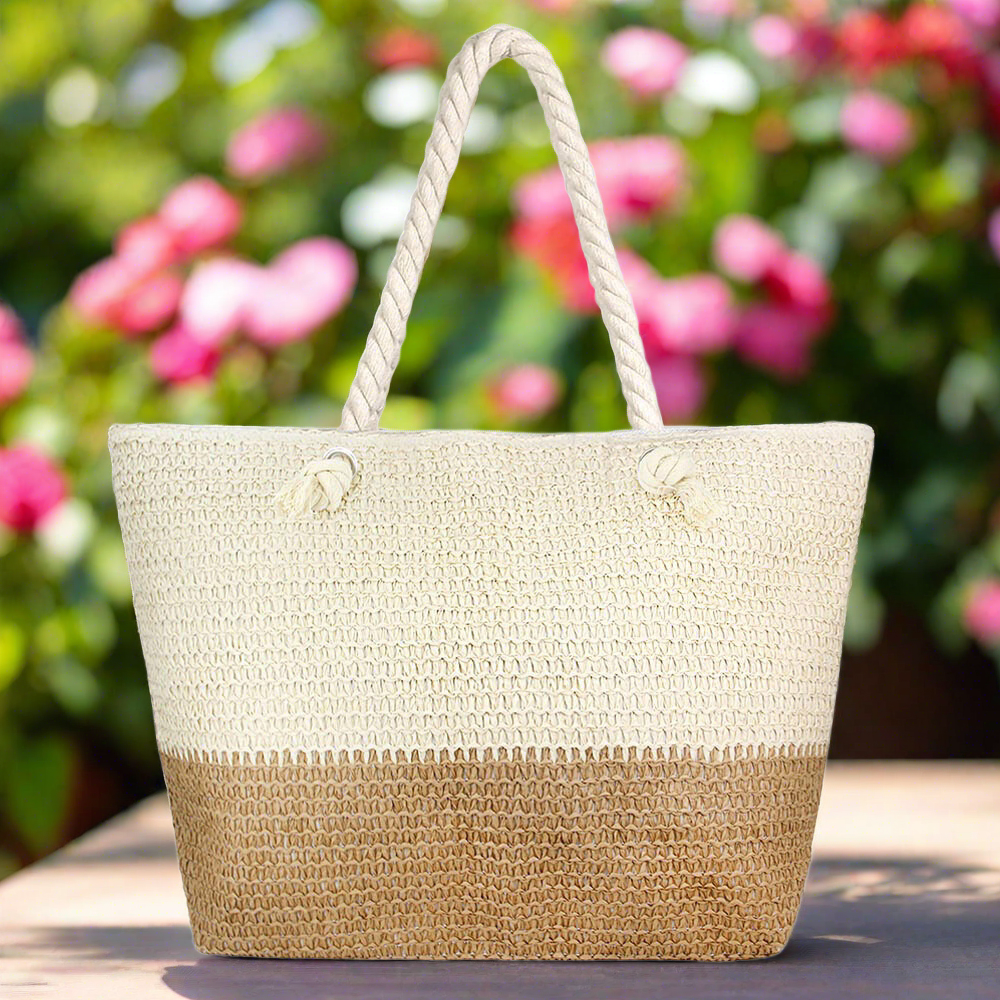 large, oversize beige and tan straw beach bag with zipper and rope handles for Mother's Day Gift