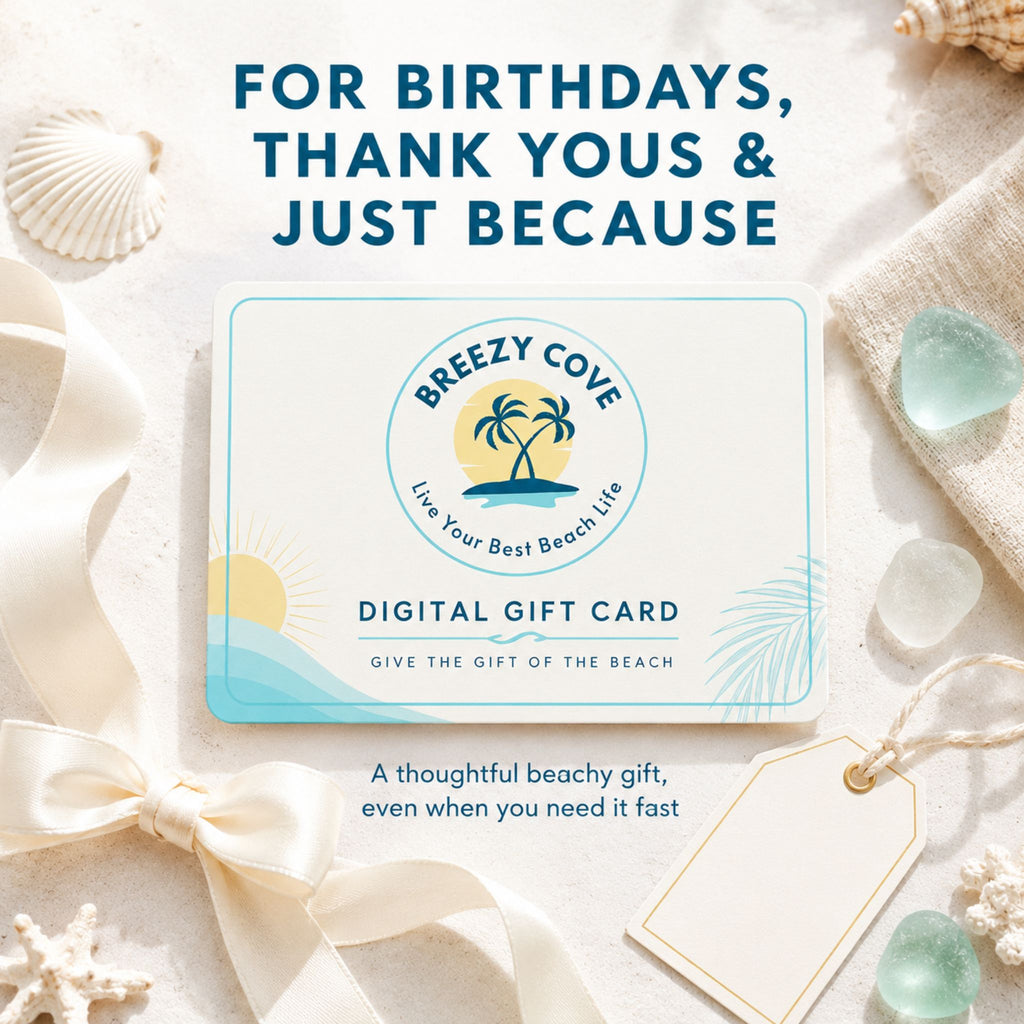 Breezy Cove digital gift card for birthdays, thank you gifts and just because gifting with coastal ribbon and seashells